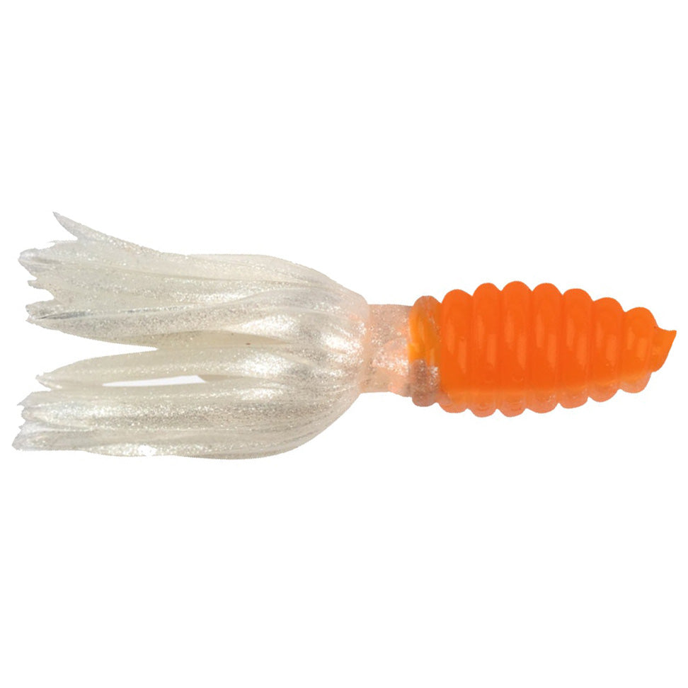 Soft plastic fishing lure with a textured bright orange ribbed body and translucent white segmented tail, designed as Strike King Mr. Crappie Thunder Tube Bait for use in fishing tackle.