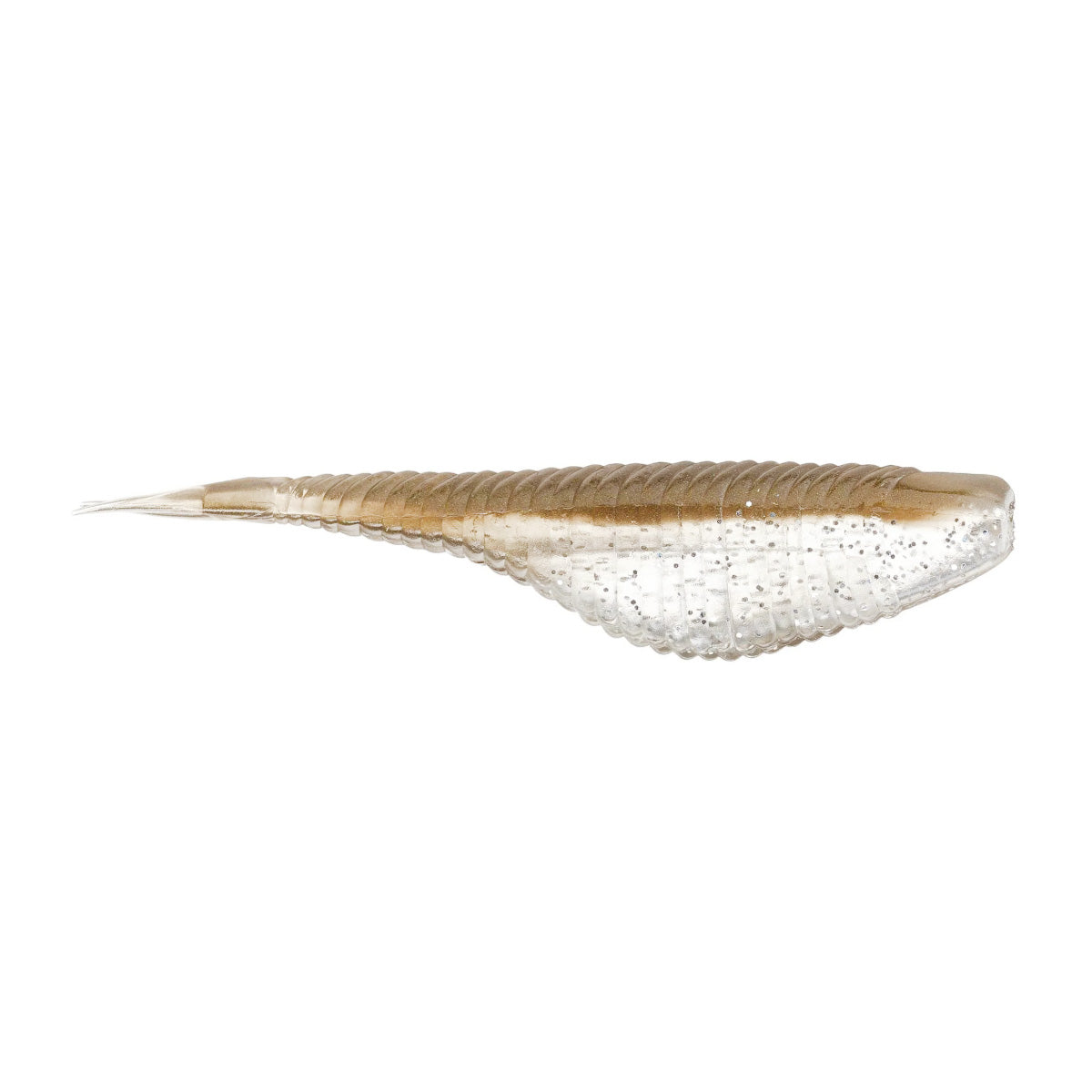 Damiki Fat Armor Shad fishing lure in translucent clear and brown with speckled glitter accents designed for realistic movement in the water.