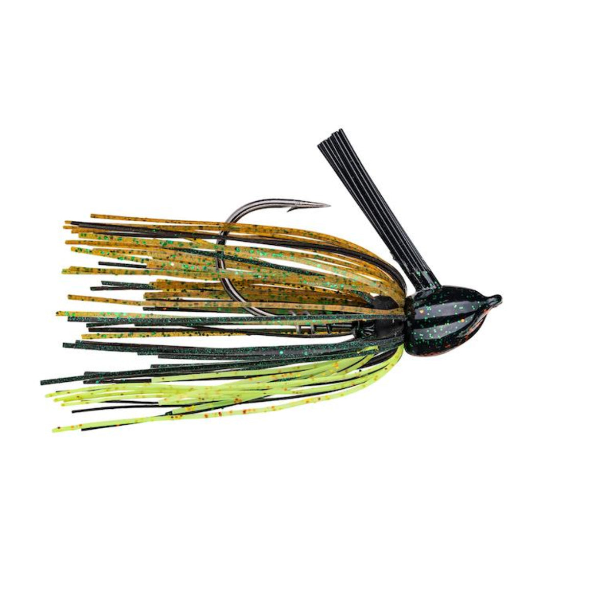 Strike King Hack Attack Fluoro Flipping Jig featuring a detailed skirt with green, yellow, and black hues, a weighted head, and sharp hook designed for effective fishing tackle use.