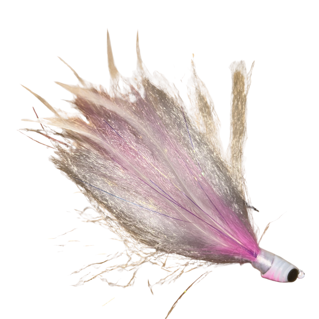 Dude Hair Jigs fishing lure featuring soft, flowing synthetic fibers in light pink and silver shades with a weighted head, designed for effective fishing tackle use.