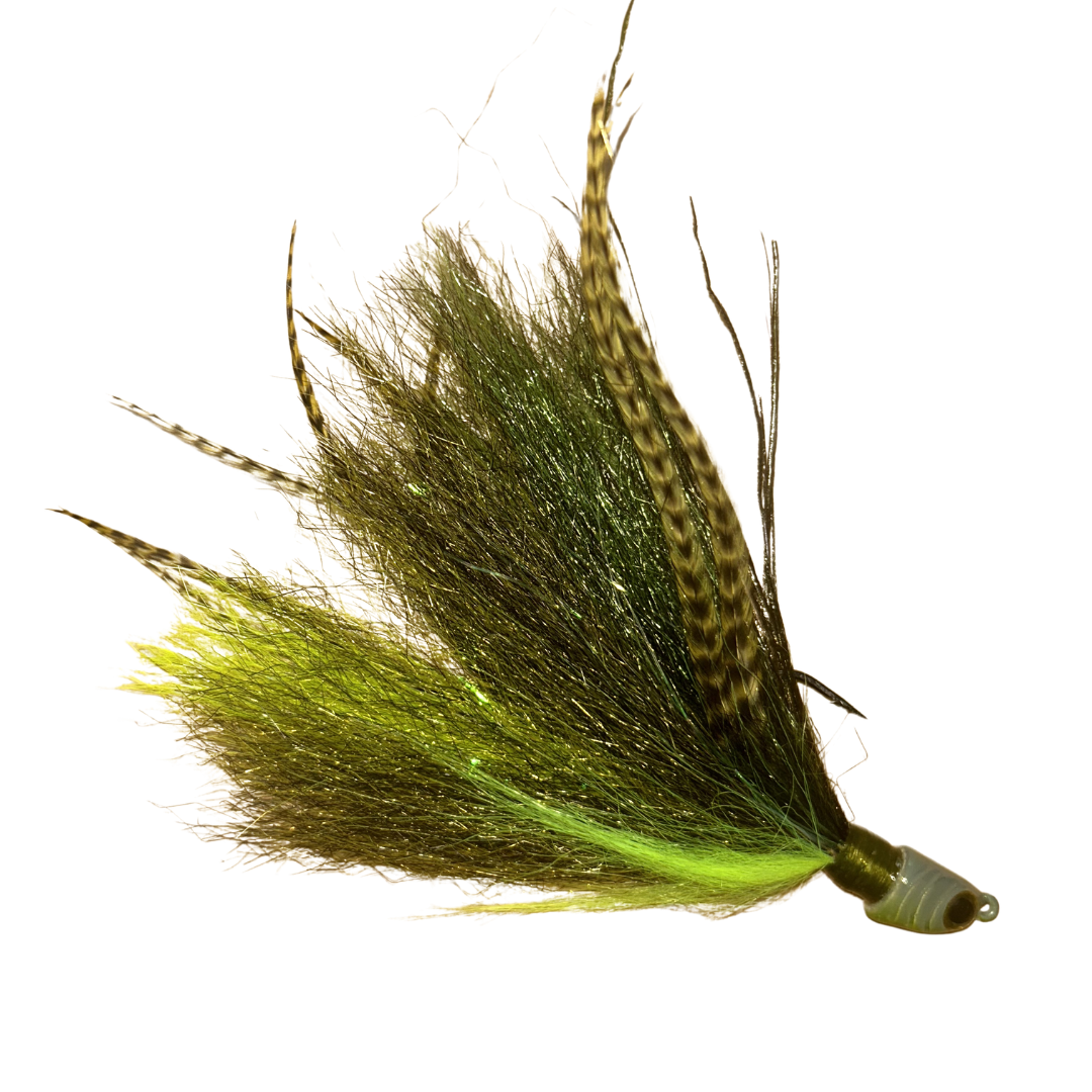 Dude Hair Jigs fishing lure with olive and chartreuse synthetic fibers and natural mottled feathers designed for attracting musky and other game fish.