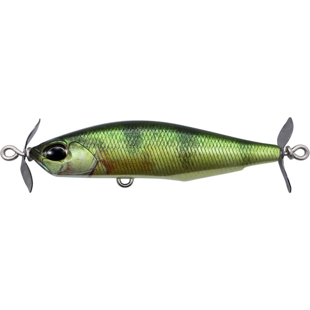Duo Realis SpinBait 62 Alpha green fish shaped fishing lure with realistic scale pattern and propeller blades for musky fishing tackle