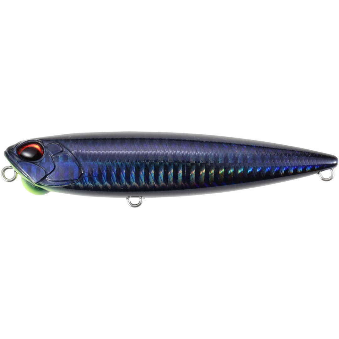 Duo Realis Pencil 110 blue and black topwater fishing lure with iridescent scale pattern and red eye