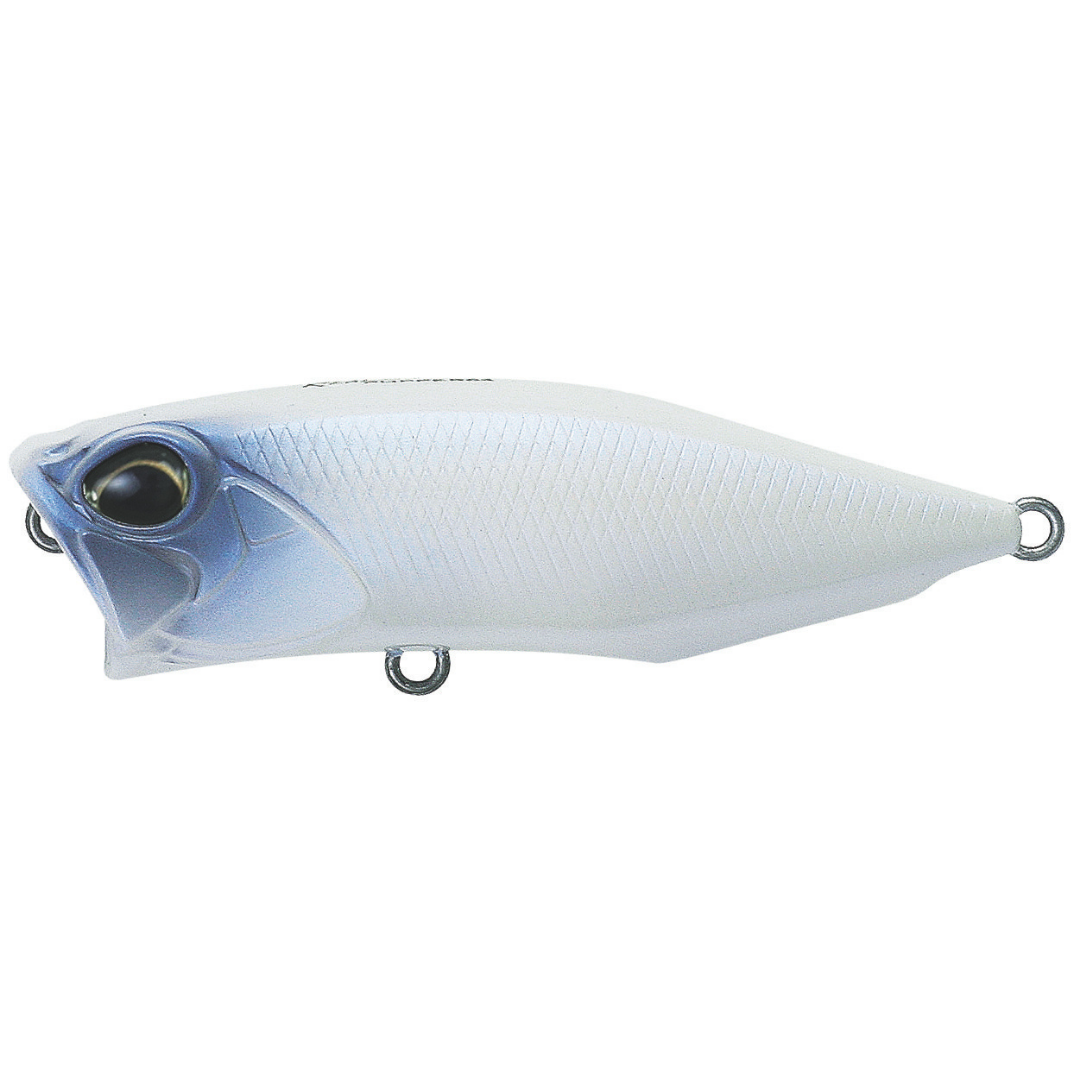 Duo Realis Popper 64 blue and white topwater fishing lure with realistic baitfish profile large eye and treble hook attachment points for fishing tackle