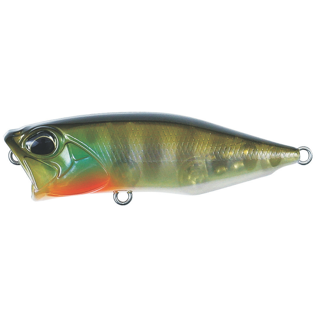 Duo Realis Popper 64 green and gold topwater fishing lure with a red belly and oversized eye for freshwater fishing tackle and fishing lures