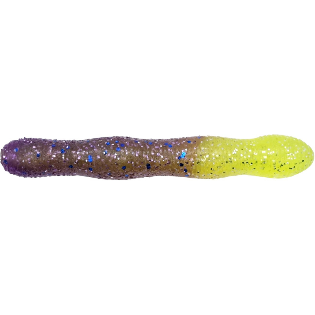 Duo Realis Wriggle ND Slim 3" soft plastic fishing lure with a brown purple glitter body and bright chartreuse tail for fishing tackle