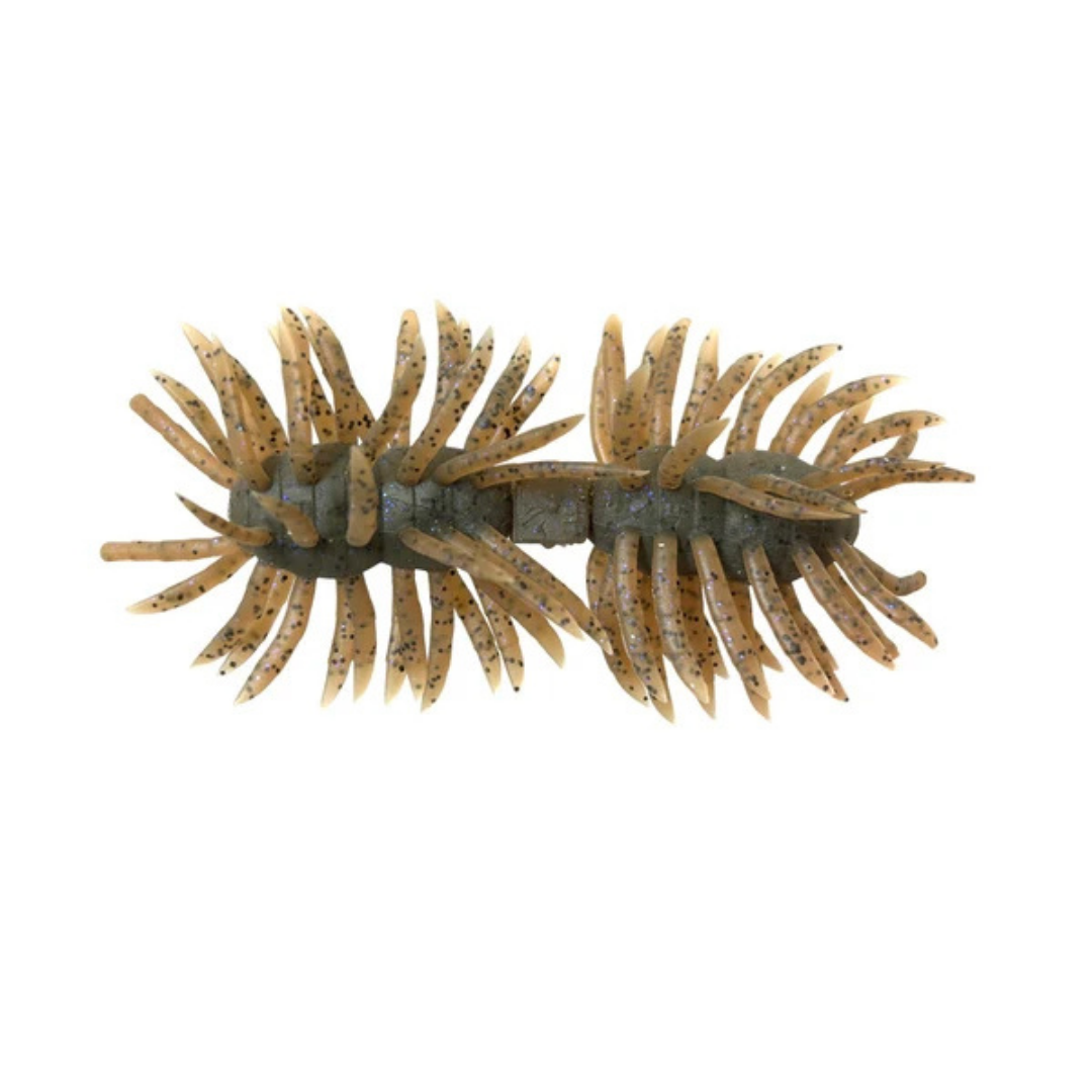 Imakatsu Hairy Spider Kujala 110 brown speckled fishing lure with numerous flexible appendages for lifelike movement in the water