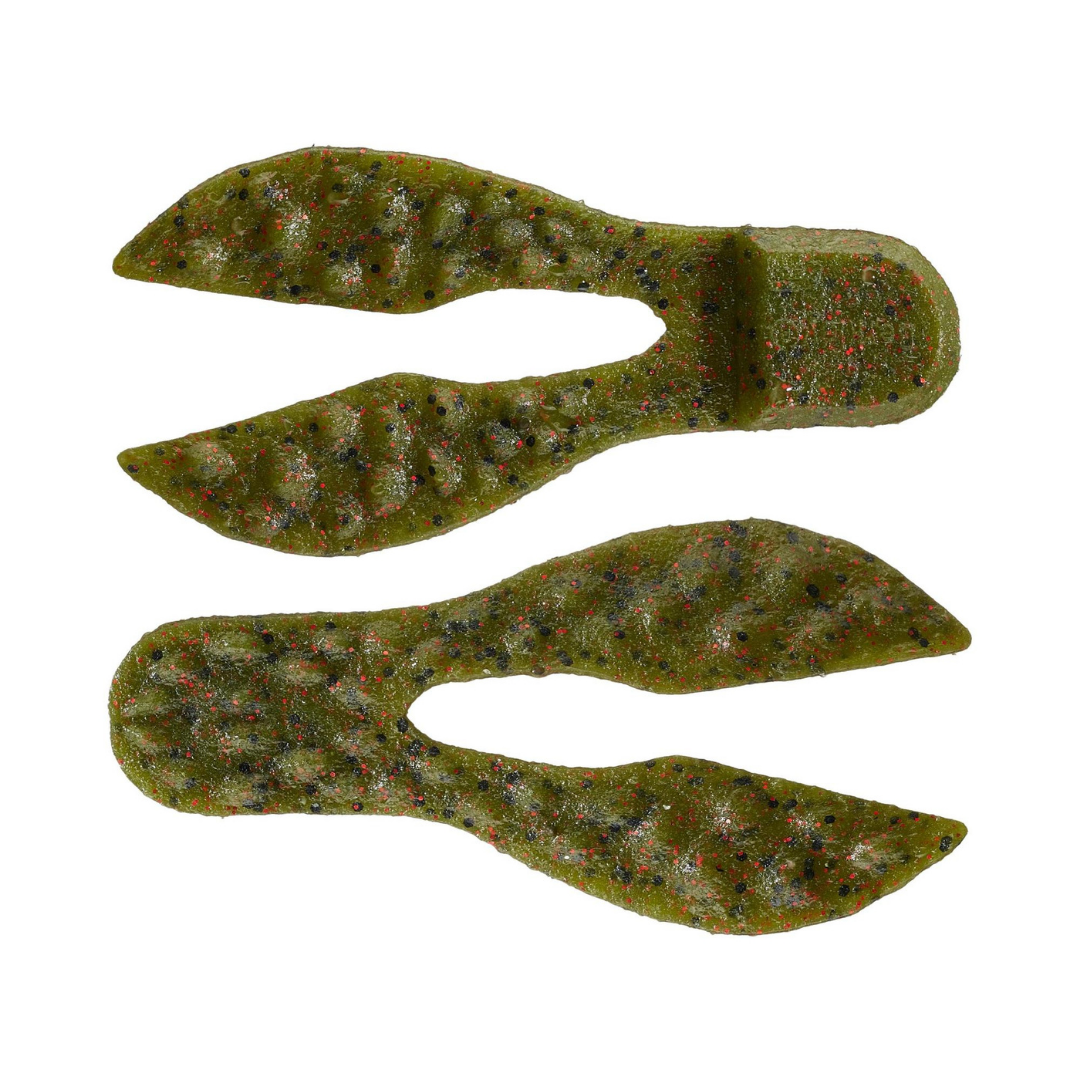 Berkley PowerBait MaxScent Meaty Chunk soft plastic fishing lure with twin tails in green and red flecked coloring for fishing tackle applications