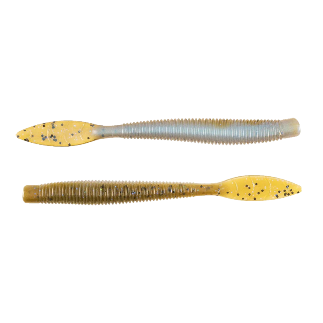 Two flexible soft plastic fishing lures in yellow with black speckles, designed for musky fishing, labeled as Missile Baits Quiver, ideal for fishing tackle enthusiasts.