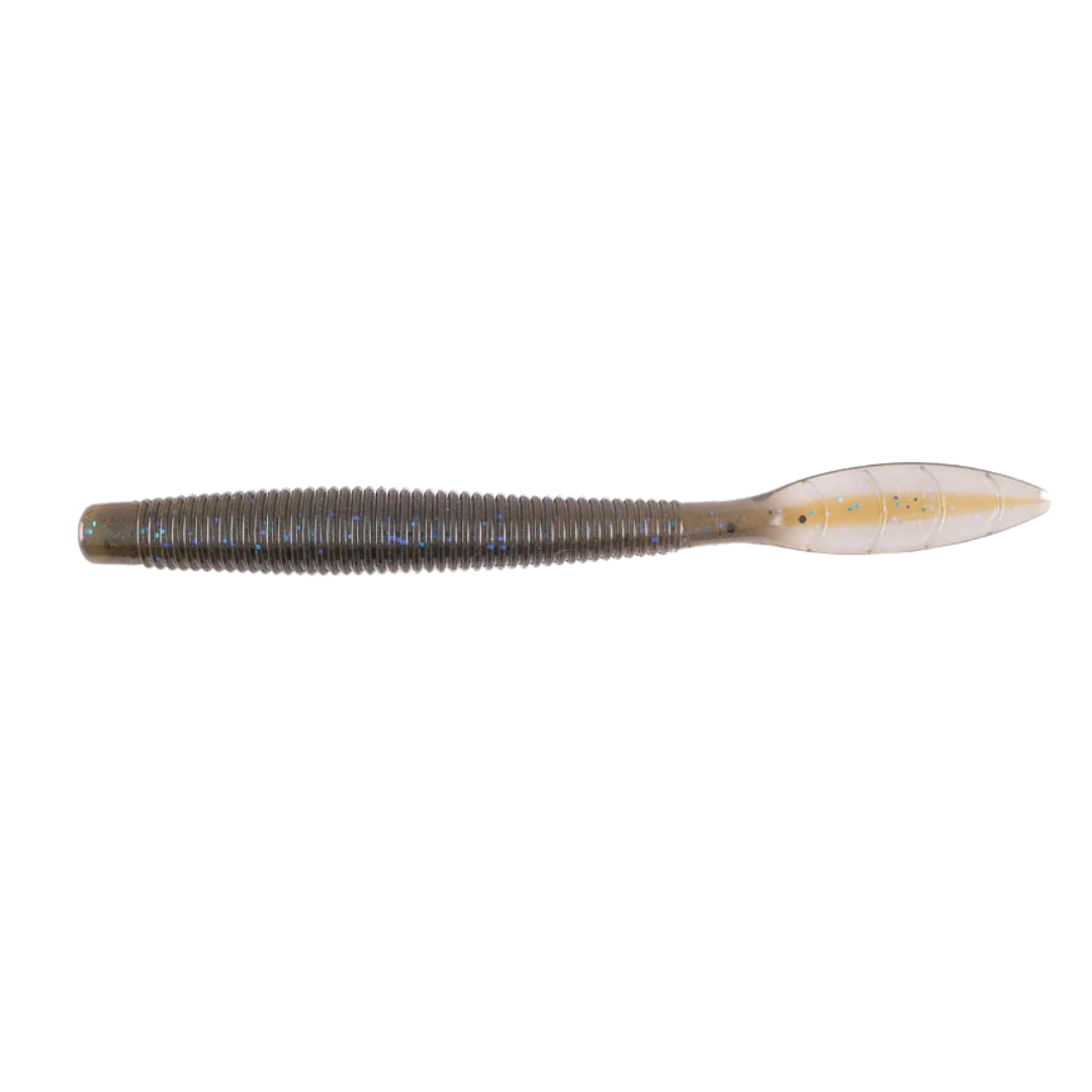 Missile Baits Quiver soft plastic fishing lure in greenish-gray with ribbed body and translucent paddle tail designed for lifelike movement in water.
