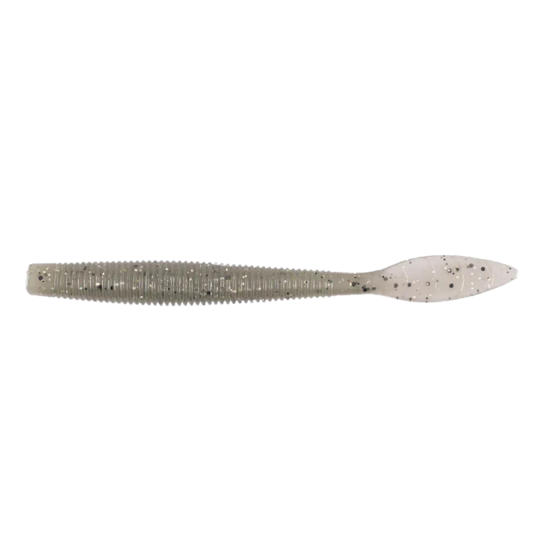 Missile Baits Quiver soft fishing lure in translucent gray with black and silver flecks, ribbed body and paddle tail designed for musky fishing tackle.