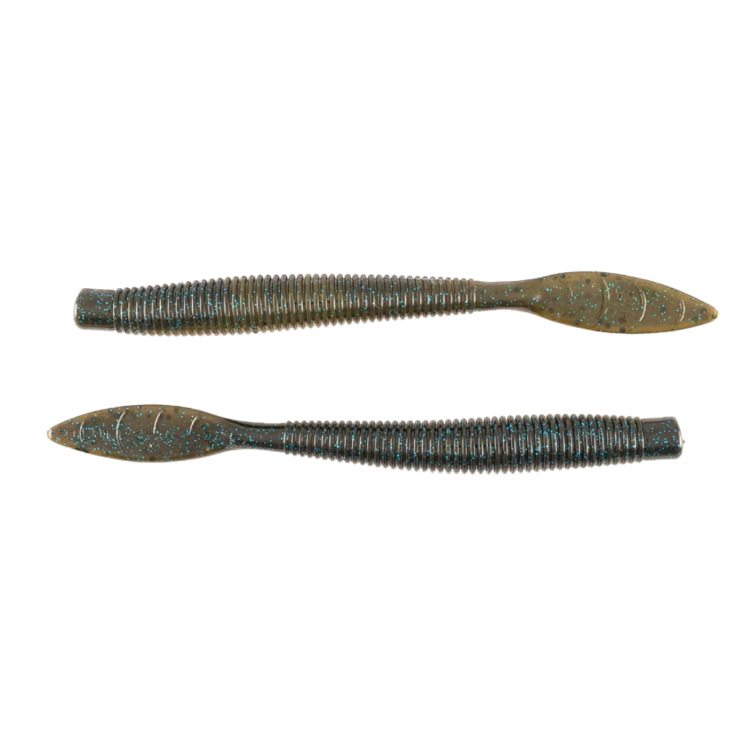 Two flexible, ribbed soft fishing lures in a brownish-green color with blue glitter, designed for fishing tackle use, identified as Missile Baits Quiver.