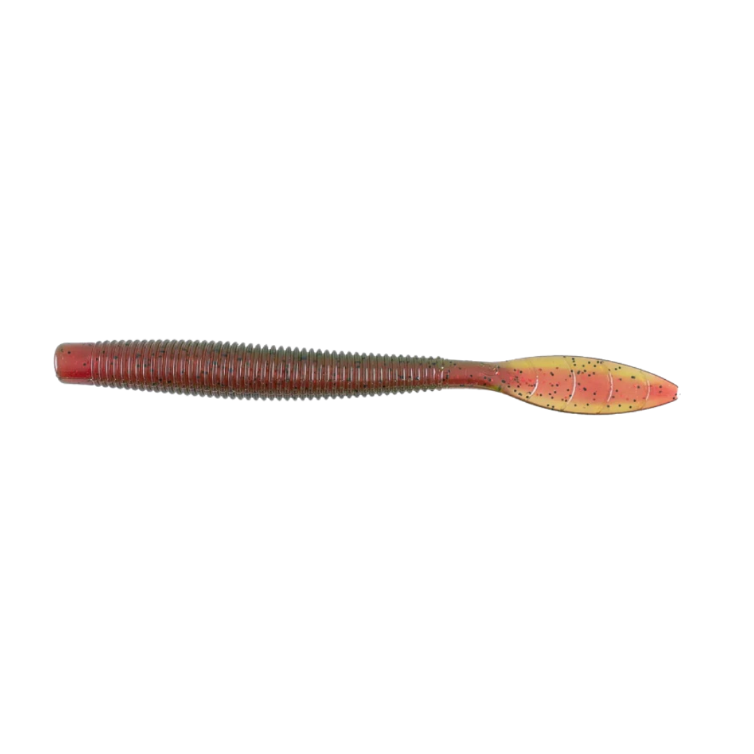Soft plastic fishing lure in red and yellow with black speckles, designed for freshwater fishing, identified as Missile Baits Quiver for use in fishing tackle.