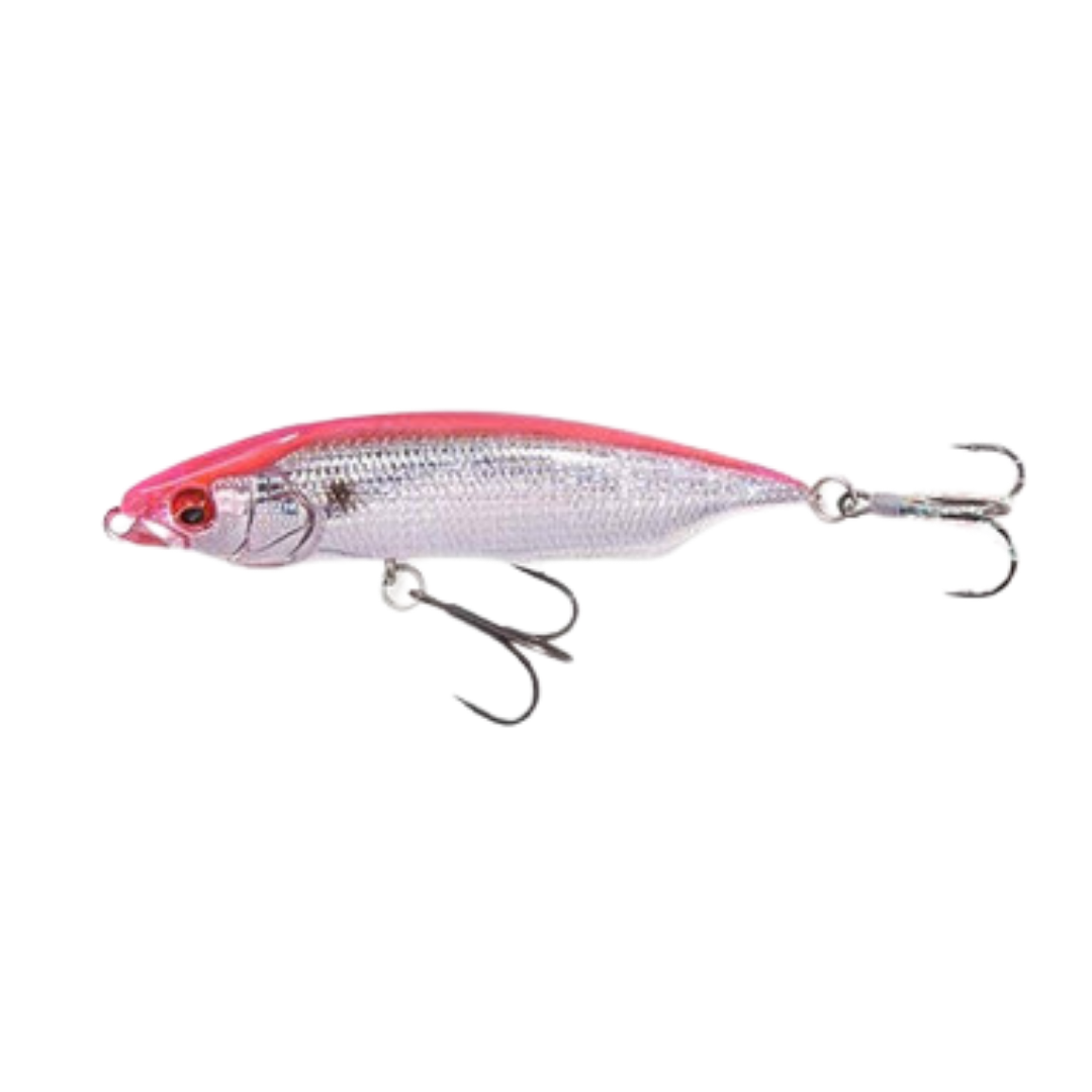 Megabass Karashi 80 fishing lure with a detailed silver and red body, equipped with two sharp treble hooks designed for effective fishing tackle use.