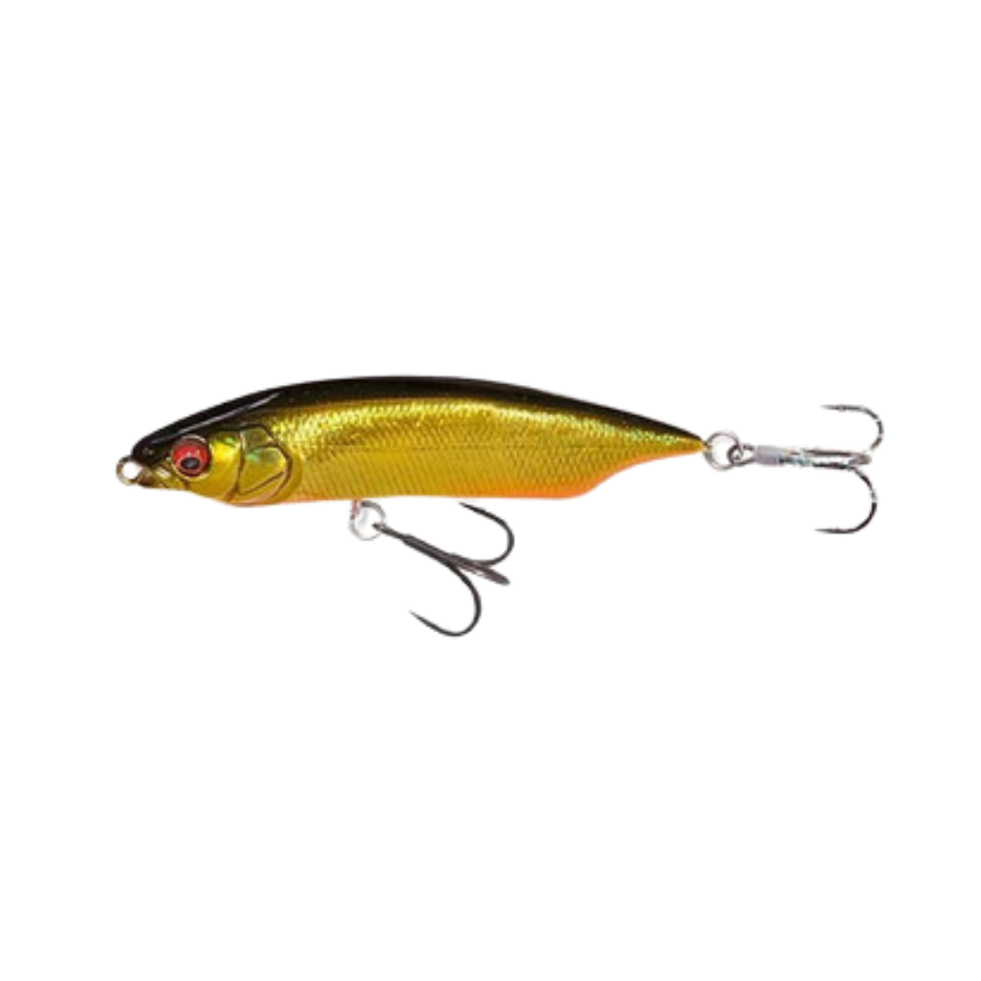 Megabass Karashi 80 fishing lure with a sleek, metallic gold and black body, featuring two sharp treble hooks, designed for effective fishing tackle use.