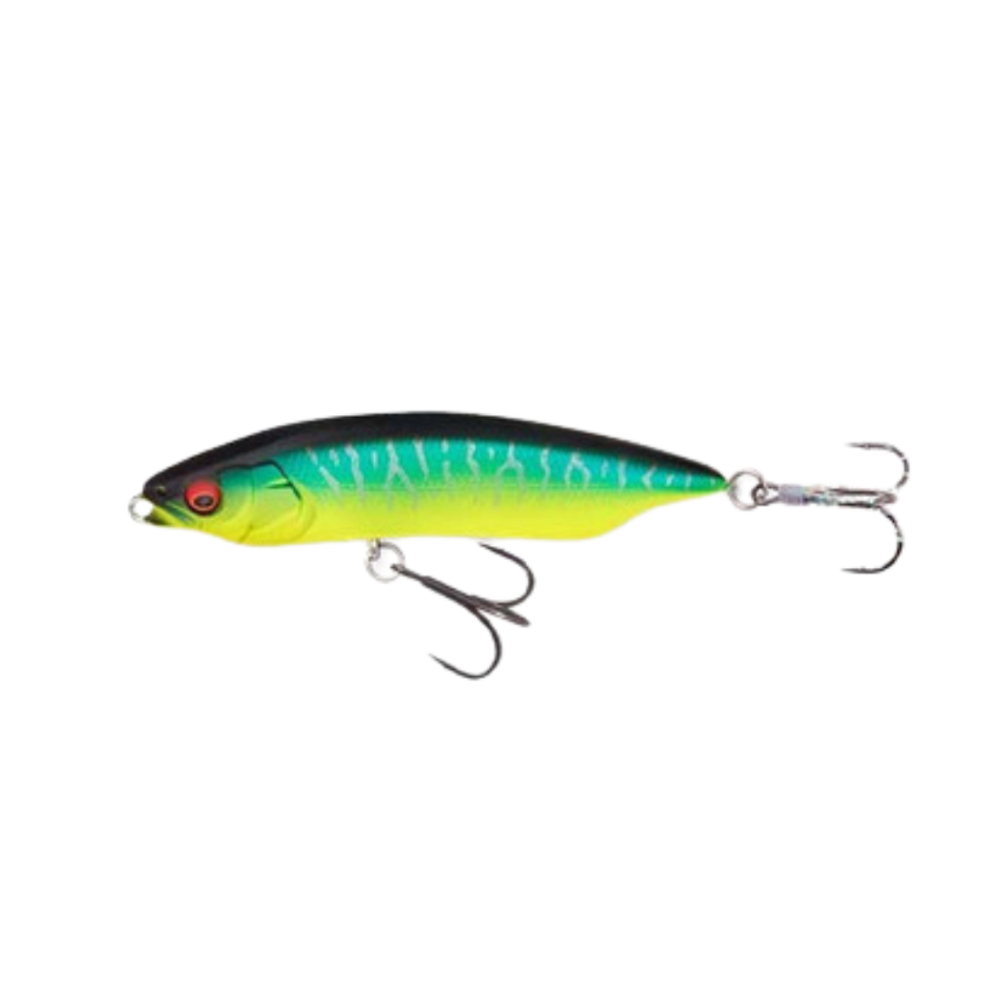 Megabass Karashi 80 fishing lure in vibrant green, yellow, and blue colors with two treble hooks, designed for effective freshwater fishing tackle use.
