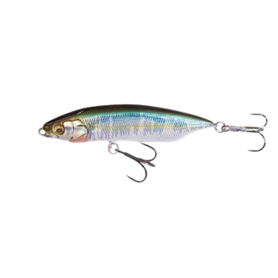 Megabass Karashi 80 fishing lure with a detailed, reflective blue and silver body and two sharp treble hooks designed for effective fishing tackle use.