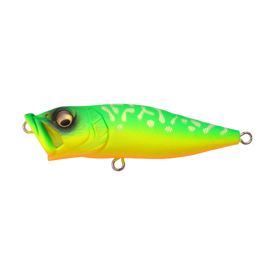 Megabass Pop-X fishing lure in bright green and yellow with detailed scale patterns and large eye, designed for attracting musky and other game fish.