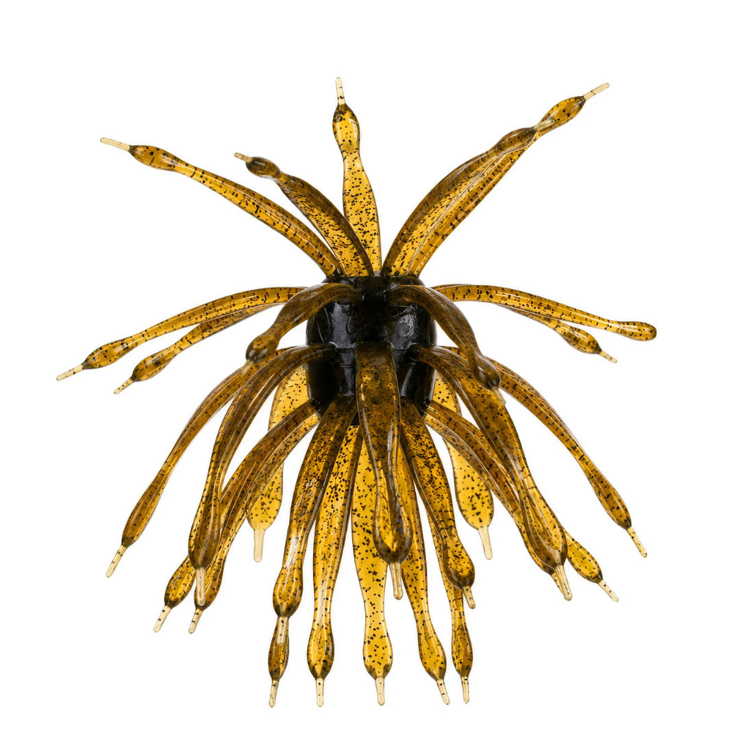 6th Sense Abstract fishing lure featuring multiple flexible appendages in translucent amber with black speckles designed to attract fish for effective fishing tackle.