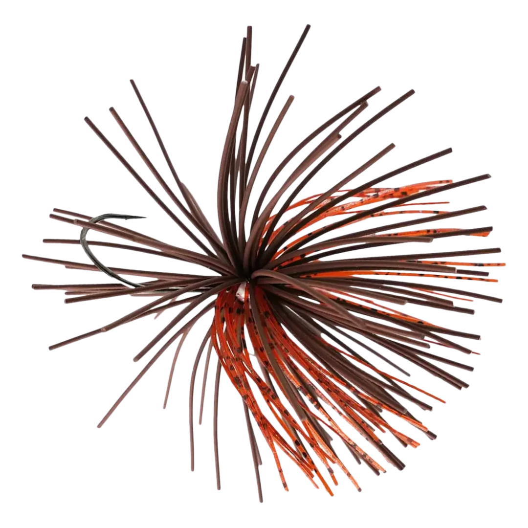 Missile Baits Dice Jig fishing lure with brown and orange silicone skirt strands designed for musky and ice fishing tackle.