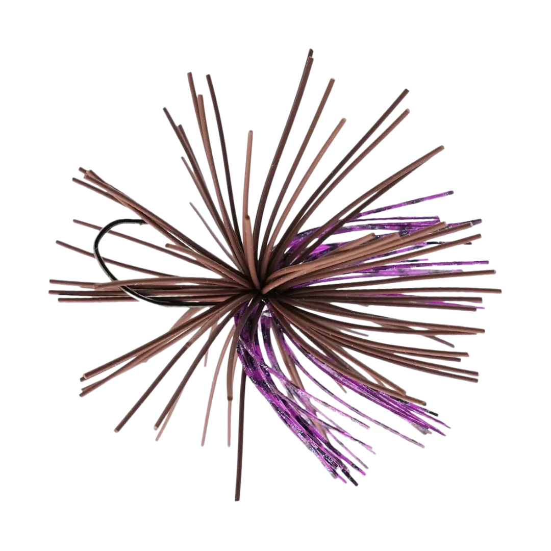 Missile Baits Dice Jig fishing lure designed with brown and purple silicone strands extending from a central hook, used for attracting musky and other freshwater fish.