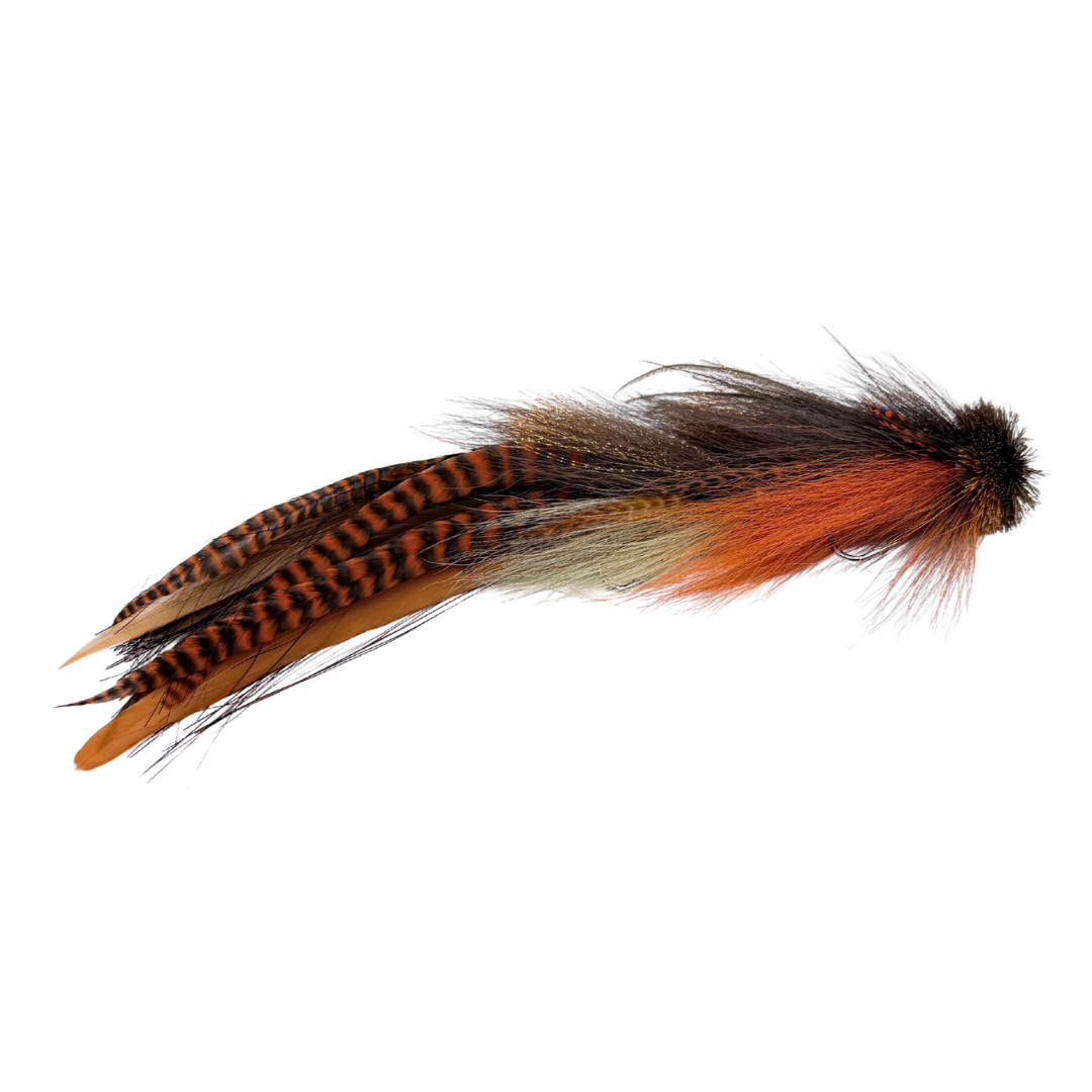 Close-up of the Double Buford Urban Fly Co. fishing tackle featuring detailed feathers in brown, orange, and black hues designed for fly fishing.