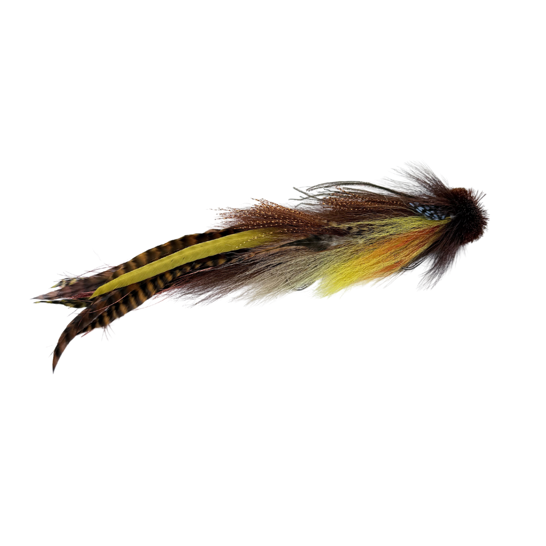 Double Buford Urban Fly Co. fishing lure featuring layered feathers in brown, yellow, and black tones designed for fly fishing tackle.