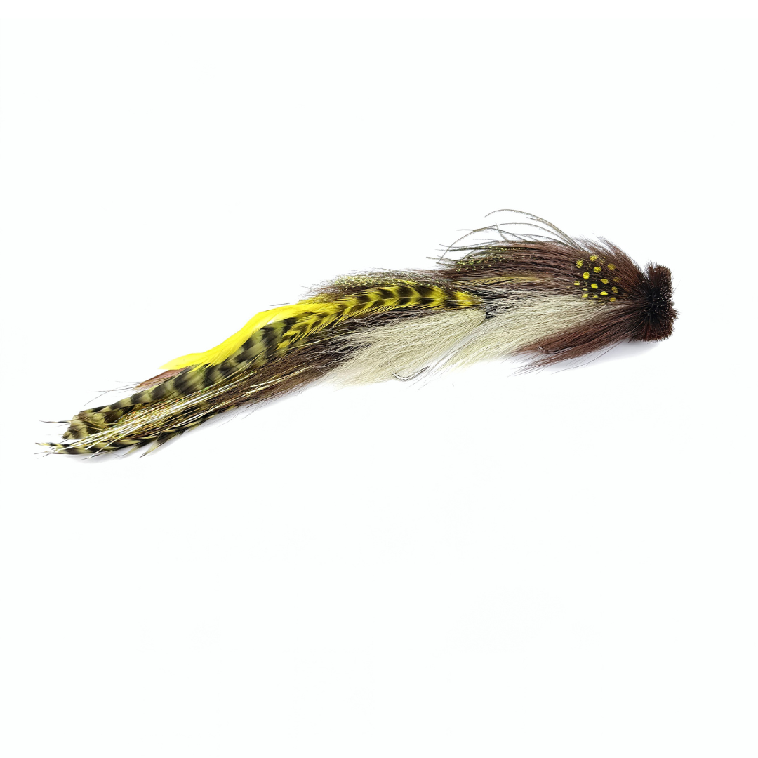 Double Buford Urban Fly Co. fishing lure featuring a detailed combination of brown, yellow, and black feathers designed for fly fishing and fishing tackle enthusiasts.