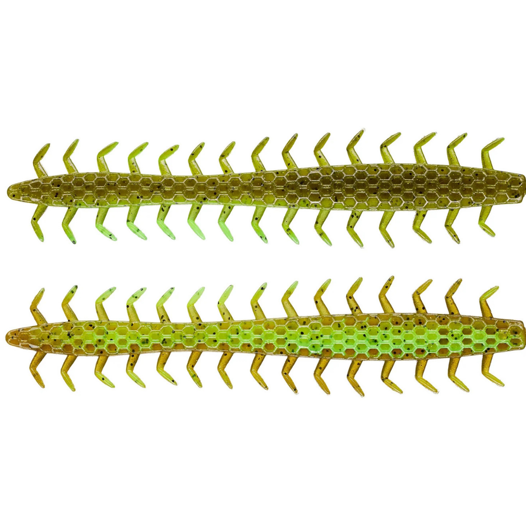 Netbaits Hextek 5" Dirty 30 soft plastic fishing lures in green and olive tones with segmented bodies and numerous vibrating appendages