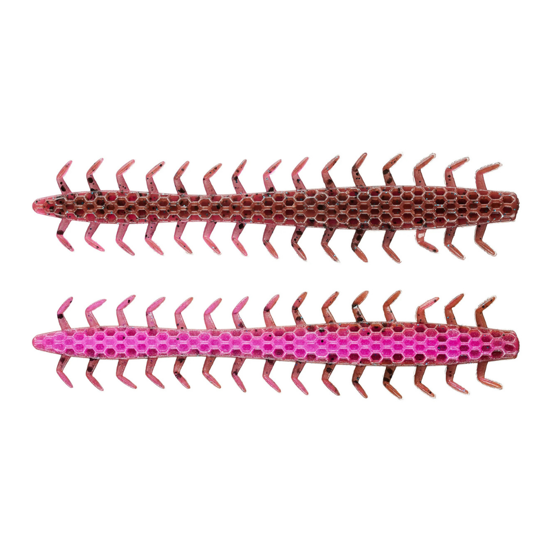 Netbaits Hextek 5" Dirty 30 soft fishing lures in brown and pink with segmented bodies and multiple appendages for musky fishing tackle
