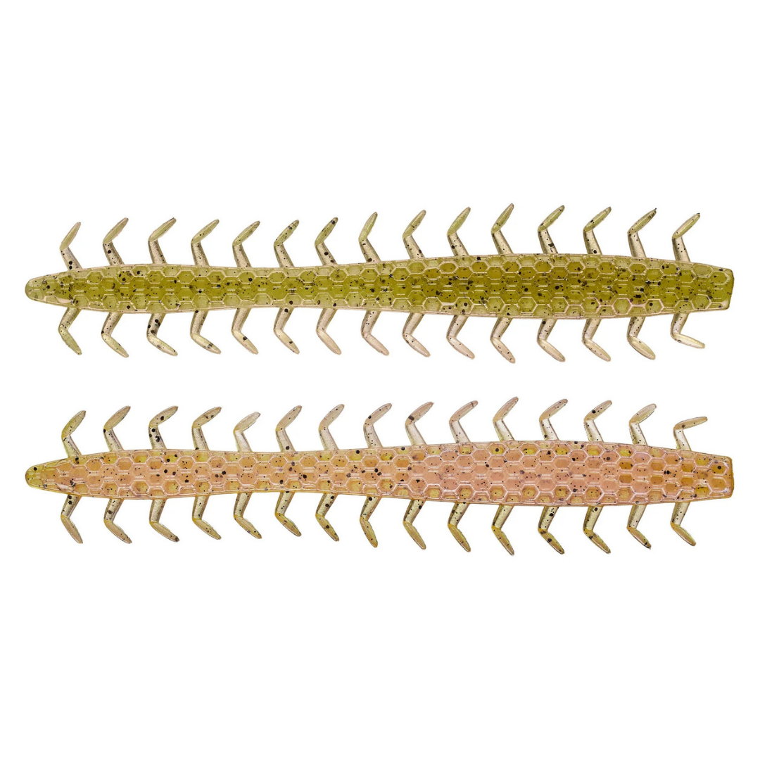 Netbaits Hextek 5" Dirty 30 soft plastic fishing lures in green and peach with segmented bodies and numerous kicking legs on a white background