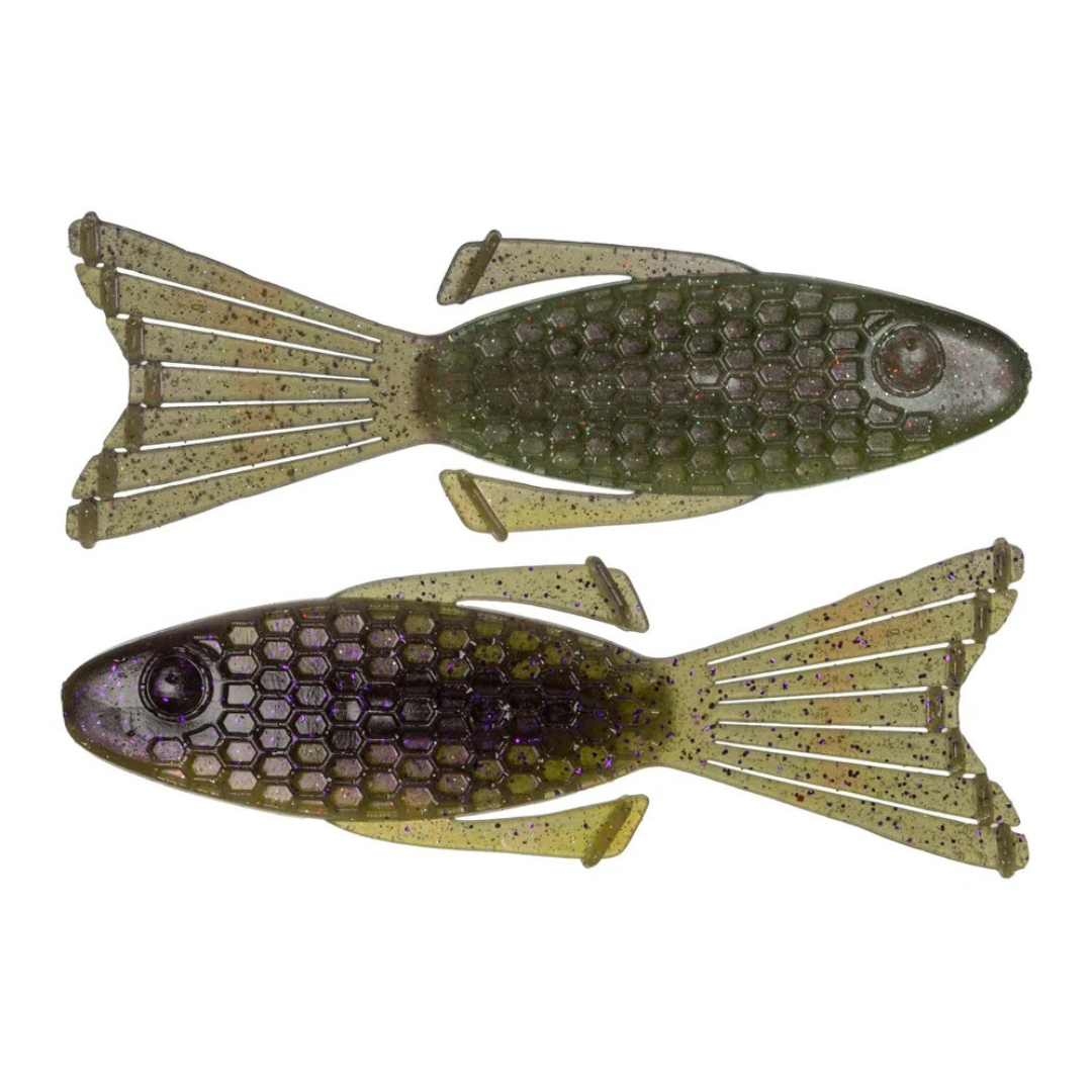 Netbaits Hextek 4" Bull Bream soft plastic fishing lures in green and purple bream patterns with textured bodies and split tails for fishing tackle