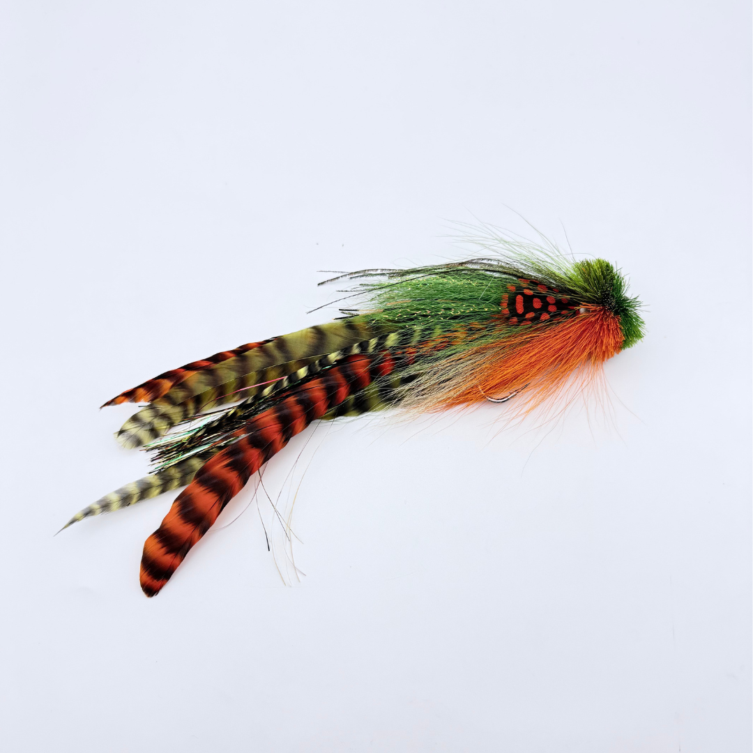 Single Buford Urban Fly Co. fishing lure featuring green, orange, and black feathers with intricate patterning, designed for fly fishing and fishing tackle enthusiasts.