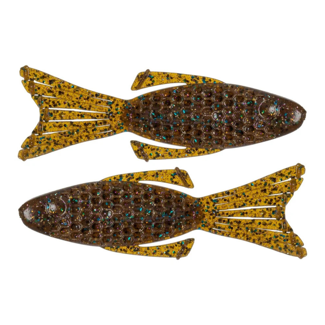 Netbaits Hextek 4" Bull Bream soft plastic fishing lures in brown and yellow with textured bodies and split tails for fishing tackle