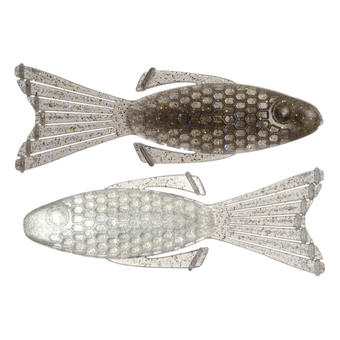 Netbaits Hextek 4" Bull Bream soft plastic fishing lure shown in brown and translucent glitter patterns with honeycomb texture and paddle tails for musky tackle