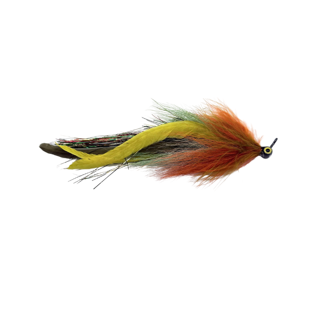 Single River Pig Urban Fly Co. fishing lure with vibrant orange, yellow, and green feathers and black detailing designed for musky fishing tackle.