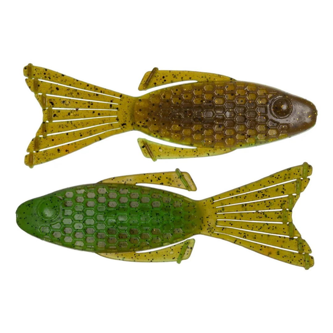 Netbaits Hextek 4" Bull Bream soft plastic fishing lures with textured bodies and split tails in brown olive and green olive colors