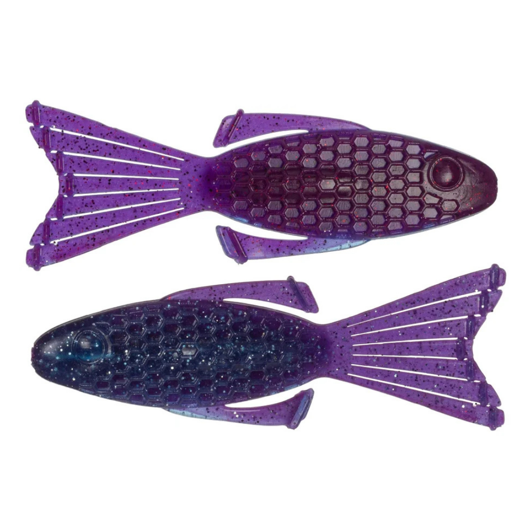 Netbaits Hextek 4" Bull Bream soft plastic fishing lure shown in purple and blue with honeycomb body texture and split tails for musky fishing tackle
