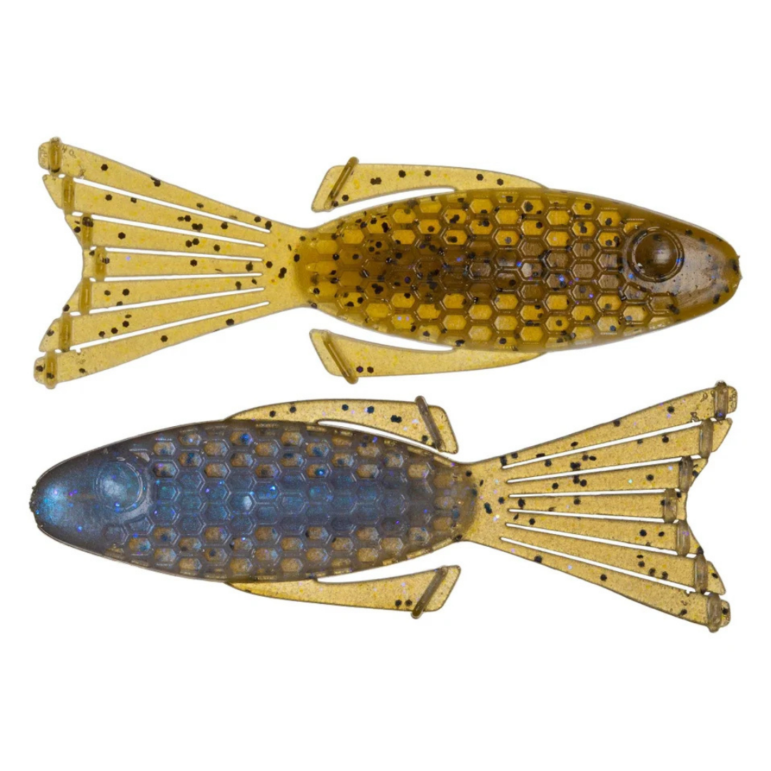 Netbaits Hextek 4" Bull Bream soft plastic fishing lures in gold and blue with honeycomb texture and split tail design