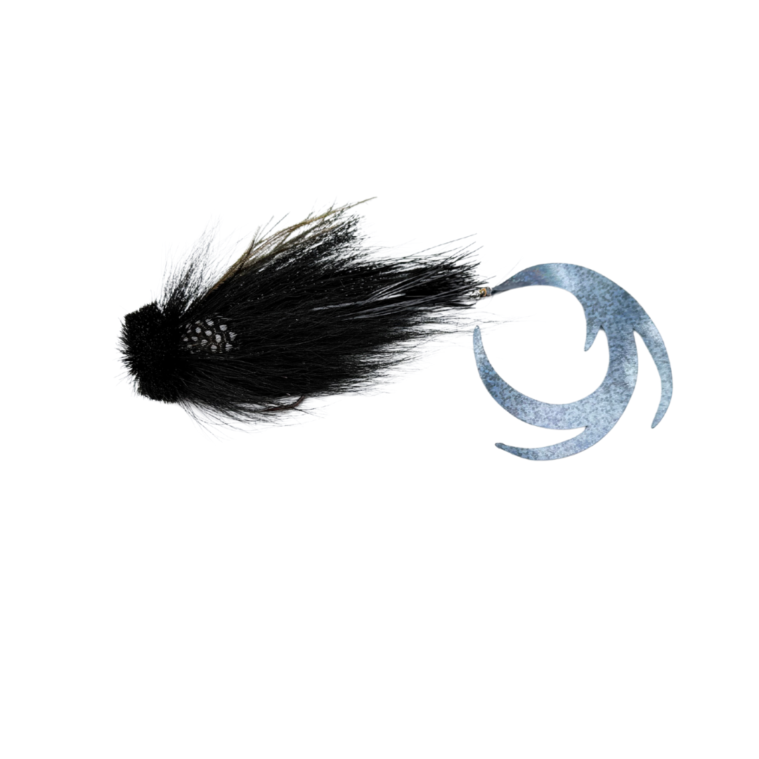 Single Buford Dragon Tail Urban Fly Co. fishing lure featuring black soft feathers and a metallic, curved tail designed for effective musky fishing tackle.