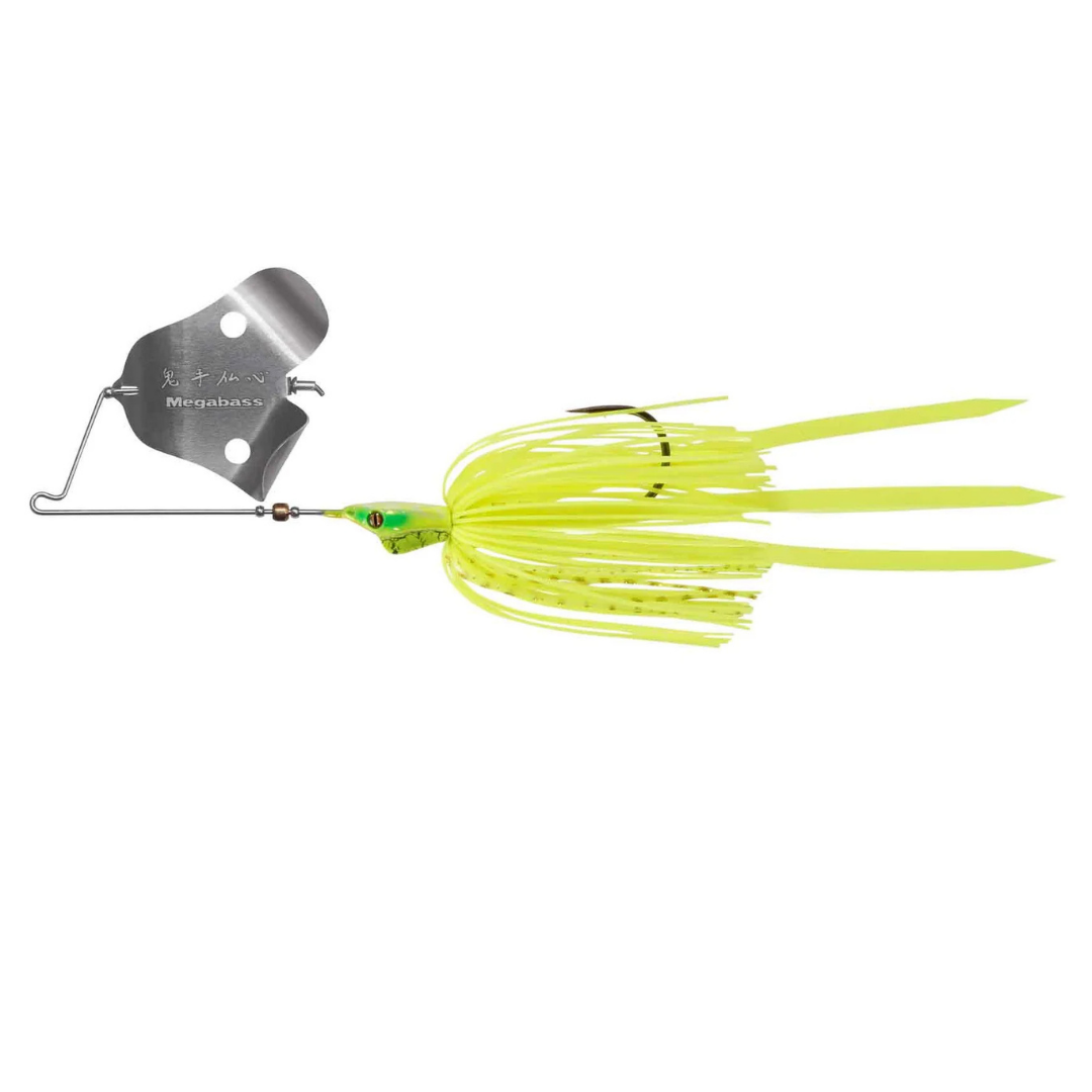 Megabass Jamaica Boa JR. - Super Metal fishing lure with bright yellow skirt and large silver metal blade designed for attracting fish in freshwater fishing tackle.