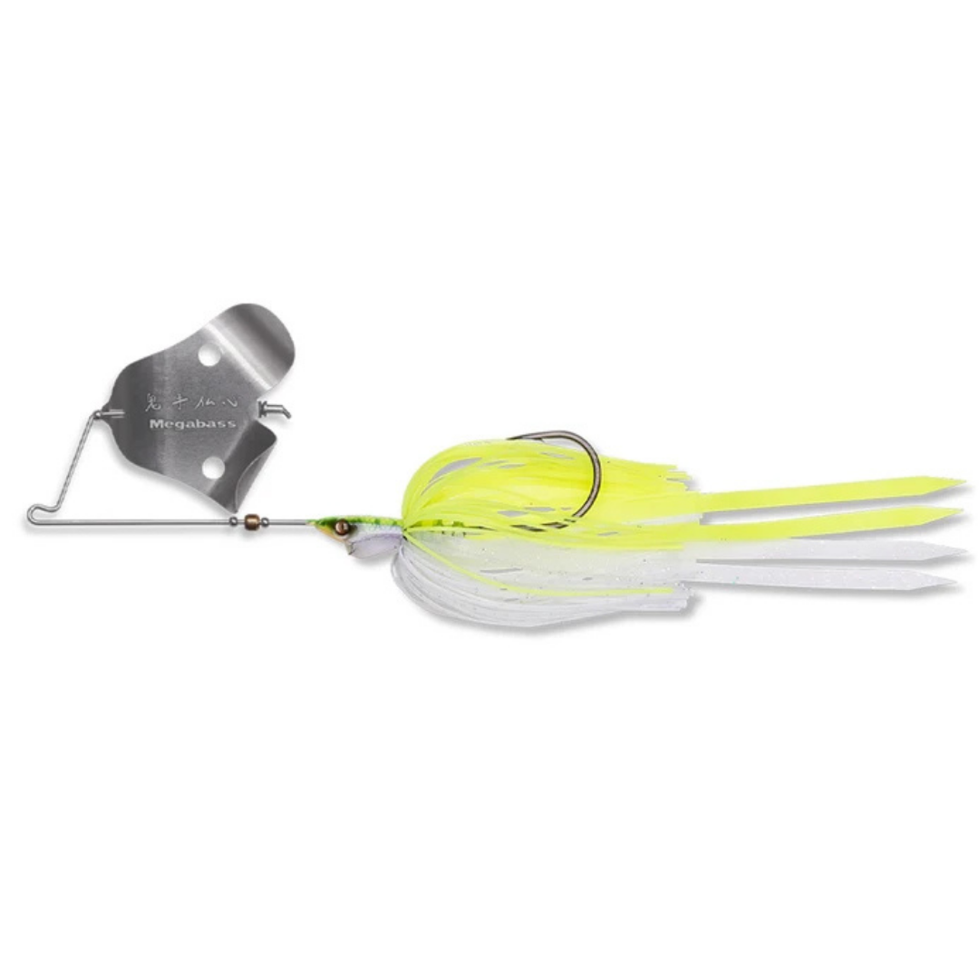 Megabass Jamaica Boa JR. - Super Metal fishing lure with silver metal blade and yellow and white skirt, designed for attracting musky and other large fish.