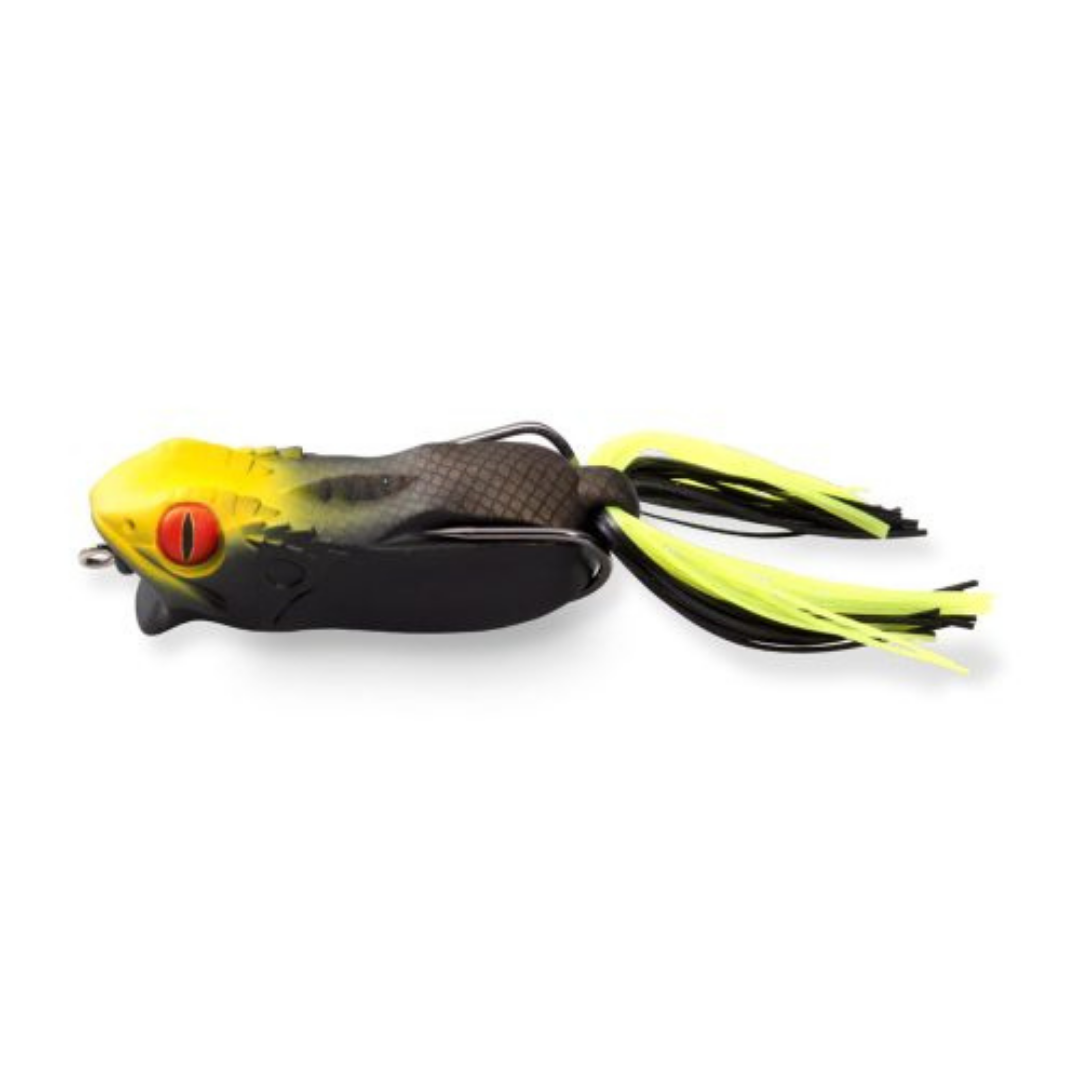 Megabass Gabarin Jr. black and yellow fishing lure with a red eye and rubber skirt for musky fishing tackle