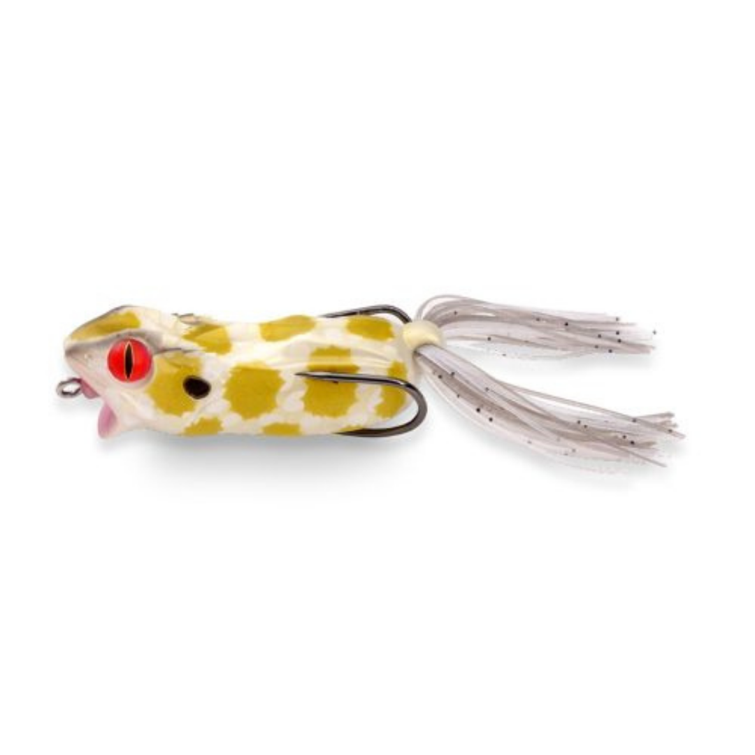 Megabass Gabarin Jr. fishing lure featuring a yellow and white spotted frog body red eye weedless hook and trailing white silicone skirt.