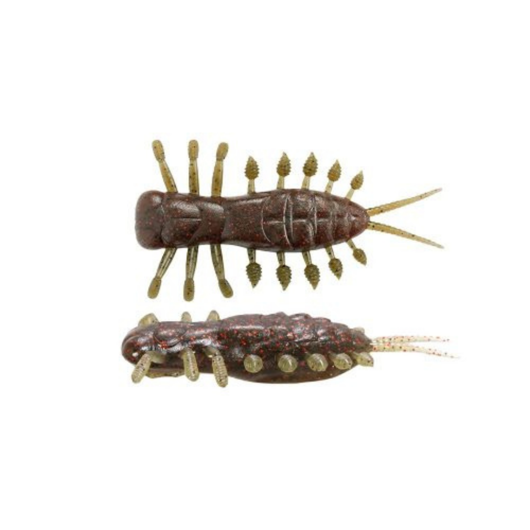 Megabass Yagot soft plastic fishing lure with a segmented body multiple appendages and twin tail strands shown from top and side views
