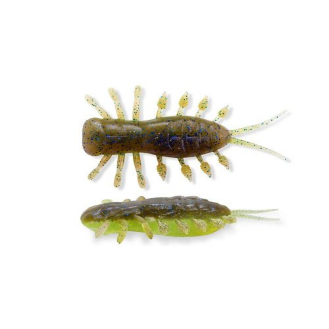 Megabass Yagot soft plastic fishing lure shown in top and side views with a brown and green body and multiple legs and trailing appendages for fishing tackle