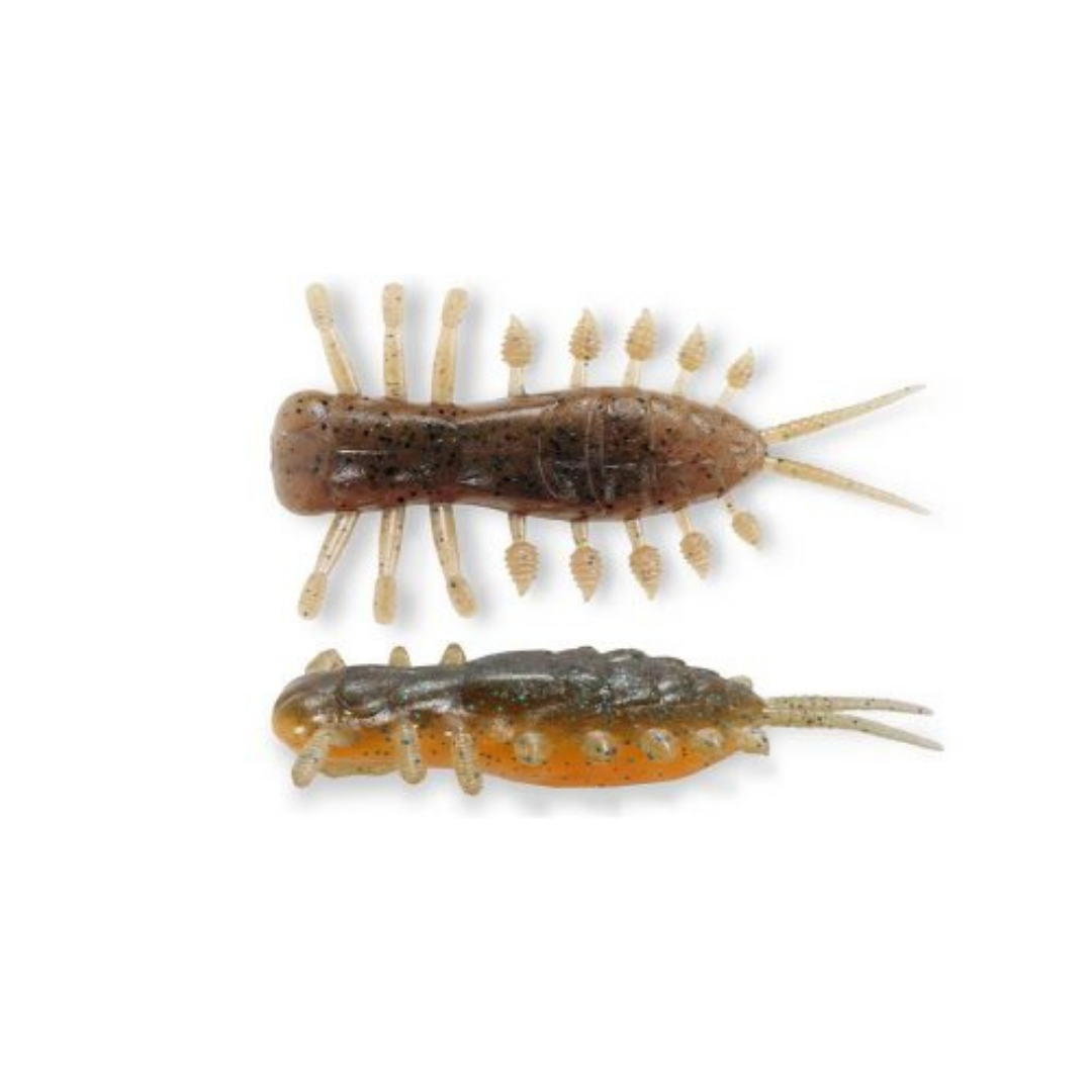 Megabass Yagot soft plastic fishing lure in brown and orange crawfish inspired designs with segmented bodies and multiple appendages for fishing tackle