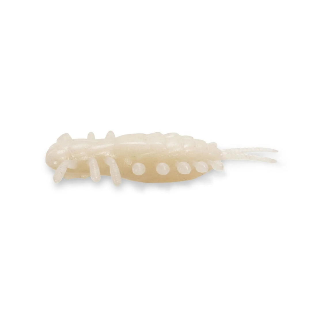 Megabass Yagot soft fishing lure in translucent pearl with a ribbed body and trailing appendages for fishing tackle
