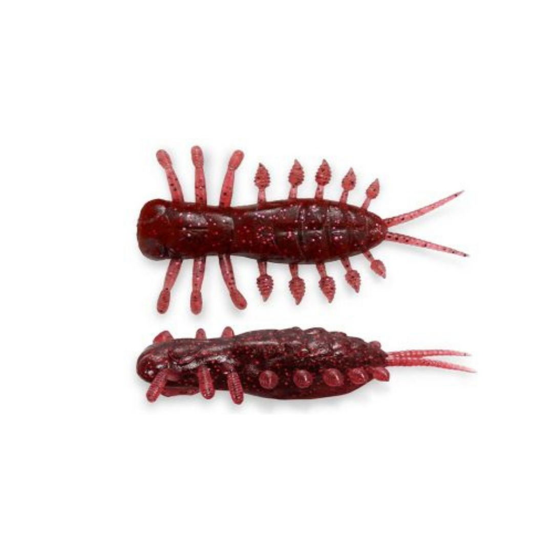 Megabass Yagot soft plastic fishing lure in dark red with a segmented body multiple appendages and twin tails shown from top and side views