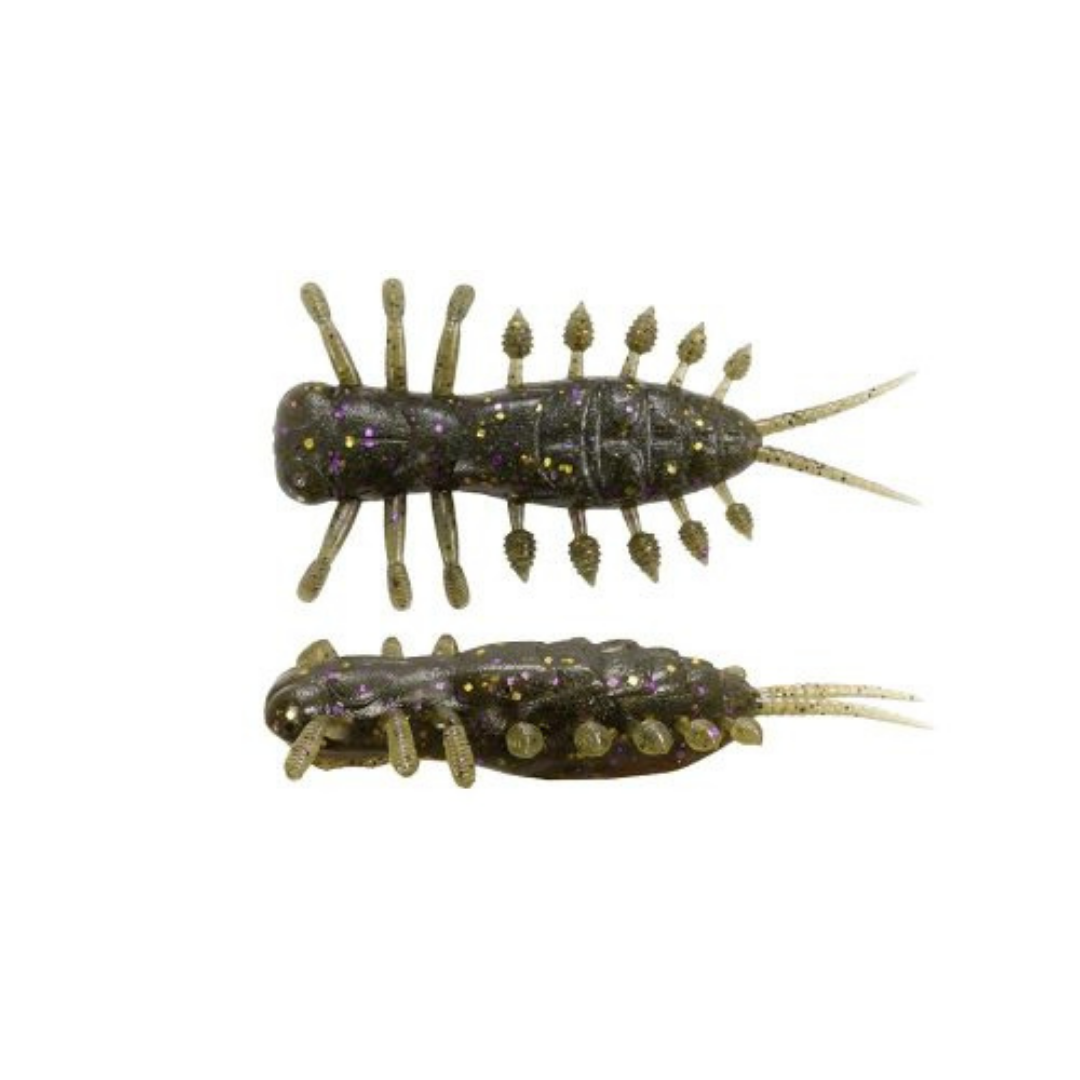 Megabass Yagot soft plastic fishing lure with a dark glittered ribbed body multiple legs and twin trailing tails shown from two angles